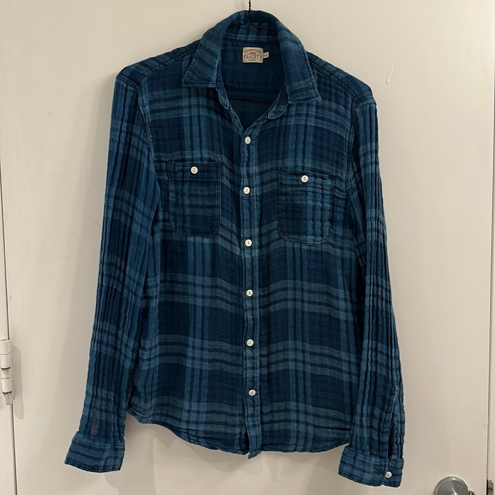 Faherty Women's Blue Indigo Dyed Plaid Lightweight Flannel